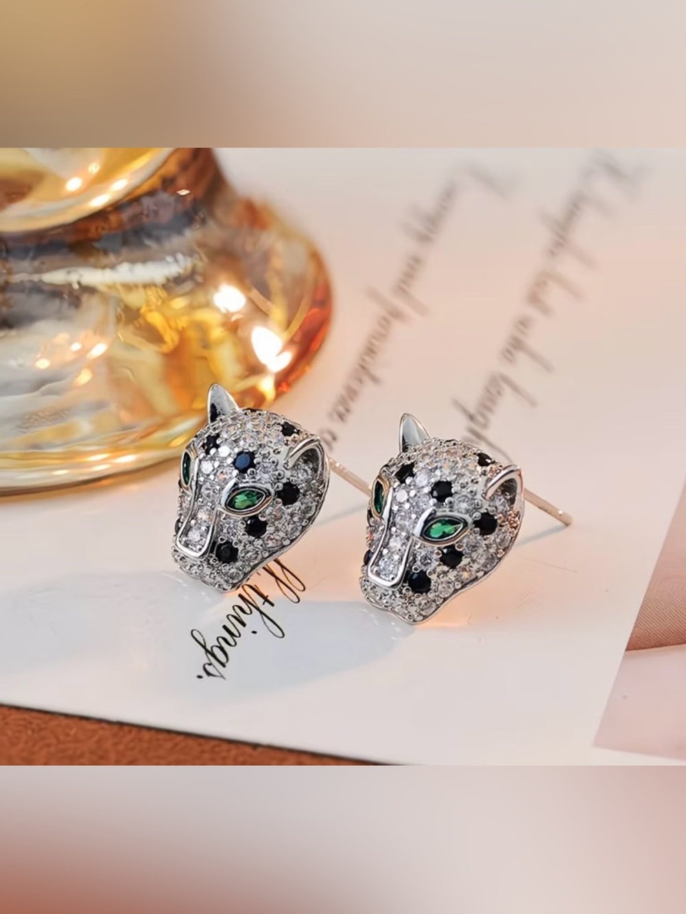 Silver Leopard/ Panther Head Stud Earrings with Green Eyes